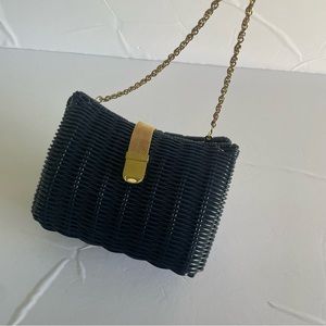 Vintage Au Courant Woven Basket Shoulder Purse Navy Blue w/ Gold Details